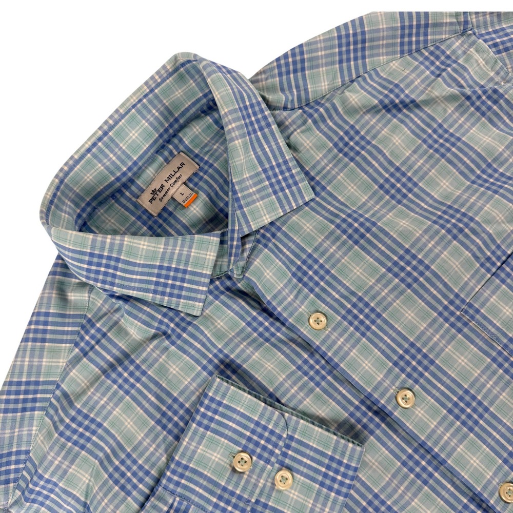 Peter Millar Button Down Shirt Mens L Blue Green Plaid Long‎ Sleeve Performance